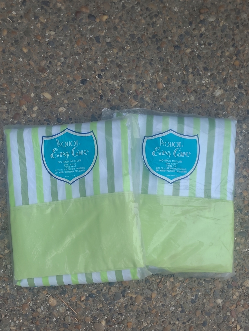 Vintage New In Package 2 Pequot Light Green Striped Twin Flat Sheets- Set of 2